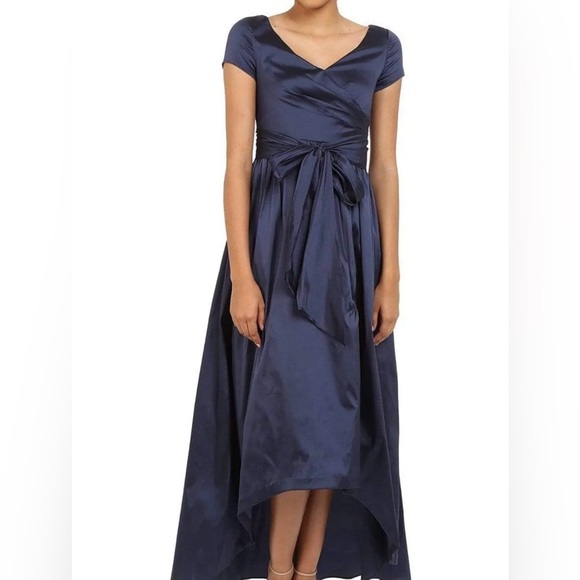Navy Ruched Taffeta High-Low Gown - Picture 1 of 9